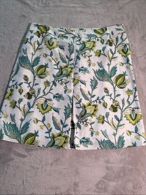 LOFT White Floral Skirt Green and Teal Pattern Size 14 Linen Blend Quiet Luxury